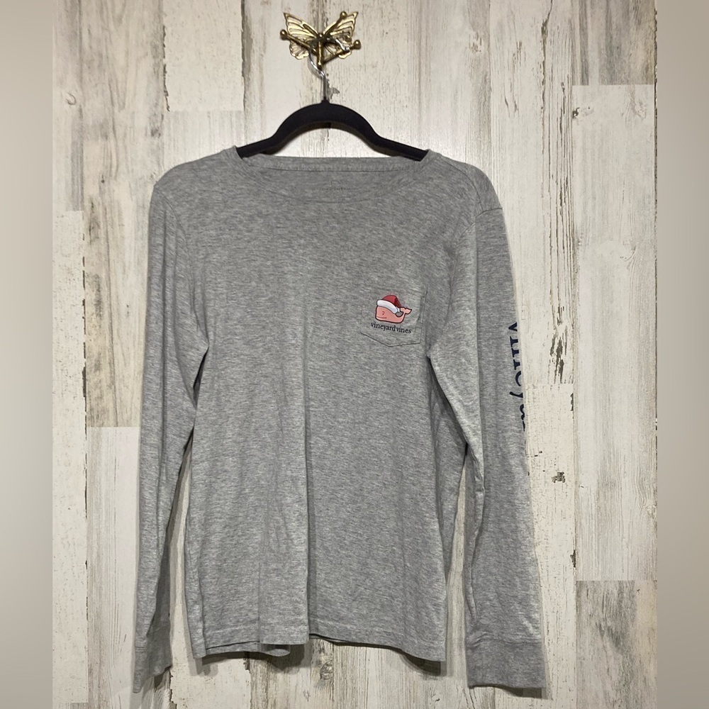 Vineyard Vines Grey Pink Santa Whale Pocket Long-Sleeve Tee Small - Picture 2 of 10